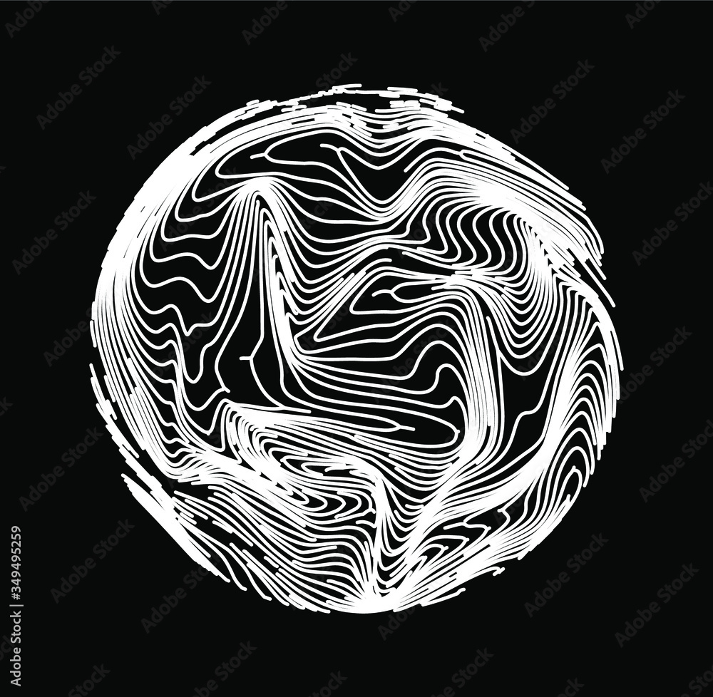Poster Glitched and twisted sphere with wavy texture. Abstract technology and science background.
