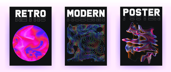 Set of retrofuturistic posters with holographic chromatic shapes in rainbow colors. Synthwave and vaporwave style covers for music party event and club invitation.