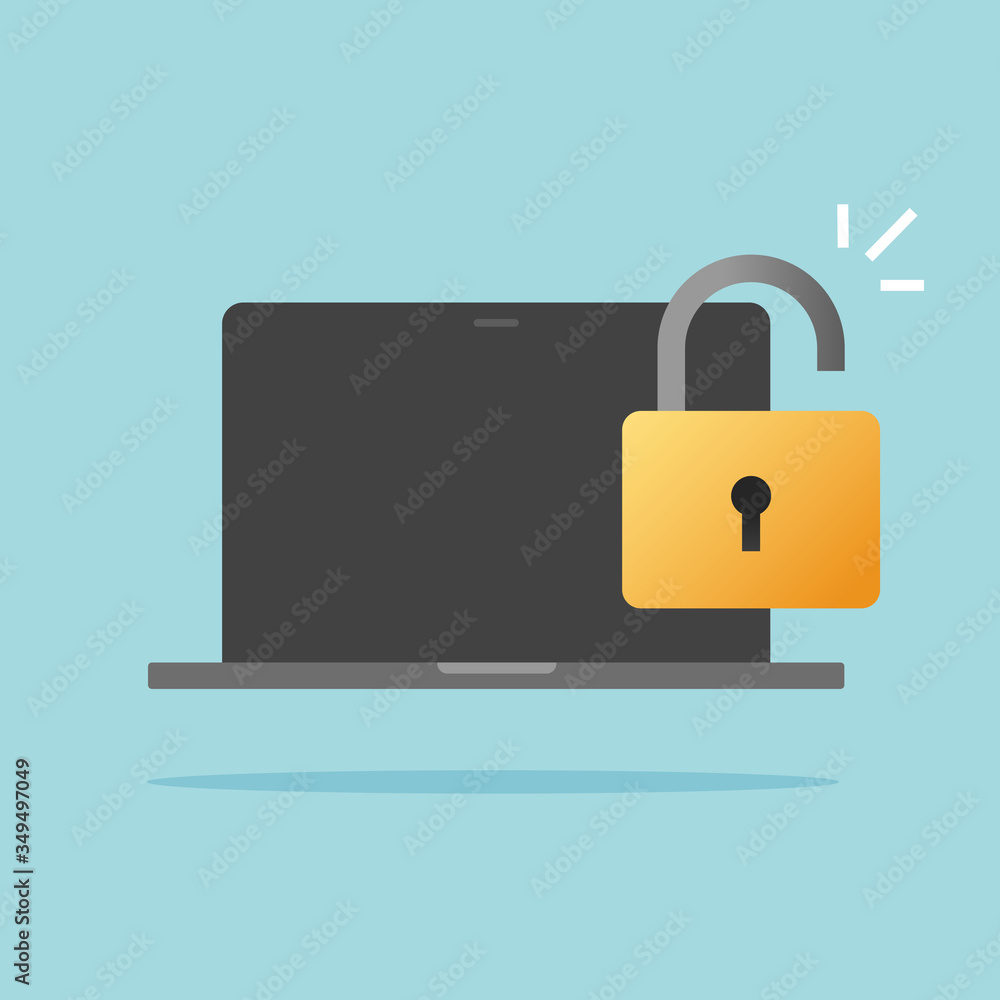 Poster computer laptop unlocked or pc with open padlock as insecure or theft idea vector flat cartoon icon,