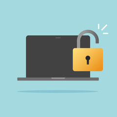 Computer laptop unlocked or pc with open padlock as insecure or theft idea vector flat cartoon icon, illustrated digital security login access or private account opened, internet spyware image symbol