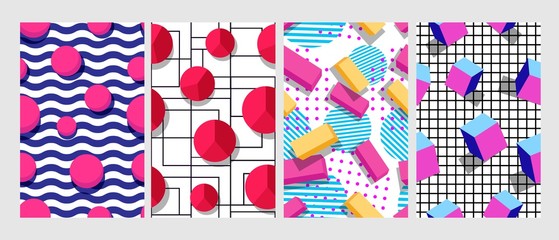 Fototapeta premium Set of different creative abstract design geometric seamless pattern. Collection of colorful 3d geometrical shapes vector graphic illustration. Modern wallpaper style with futuristic bright figures