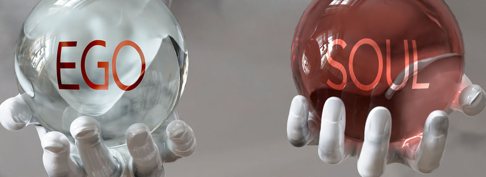 soul and ego in a balanced life - pictured as words soul,ego in hands to show that ego and soul should stay in balance, 3d illustration