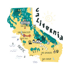 California state funny hand drawn map with landmarks and biggest cities points lettering. Flat vector isolated illustration.