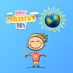 1 june international childrens day background with little funny boy holding in hands baloon and fly in sky. Vector happy international childrens day poster concept with funny cartoon smiling child