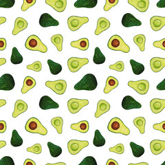 whole avocado and its halves with and without a seed isolated on white - seamless square print. Raster avocado hand drawn illustration in realistic style.