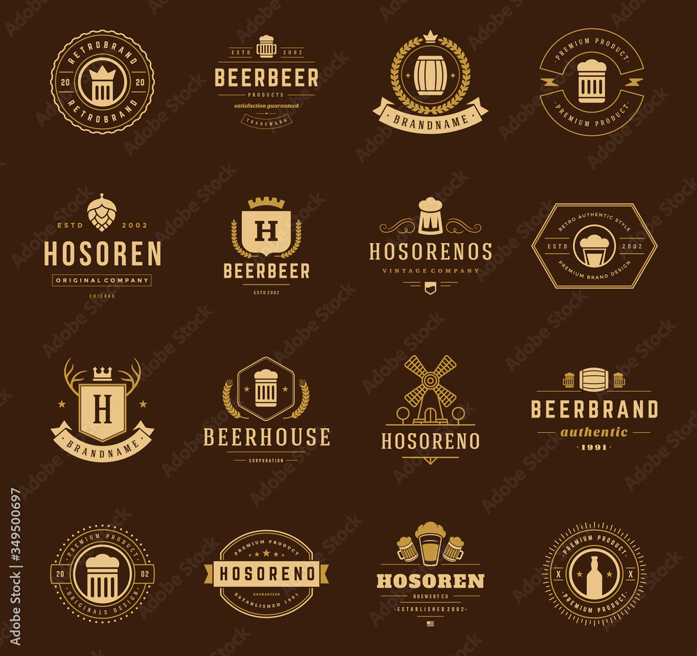 Wall mural Vintage craft beer logos and badges with barrels with beer glass mugs symbols vector illustration