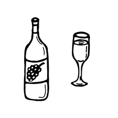 A bottle of wine and a glass icon Bunch of grapes on a label with a bottle of wine line vector