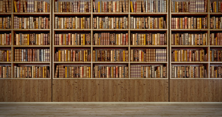 Panorama old books on wooden shelf in book shop or library.3d rendering