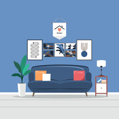 Interior of the living room. Vector banner. Design of a cozy room with sofa, window and decor accessories. Vector illustration about interior