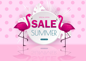 Summer sale banner modern design with flamingo and tropical leaves background.