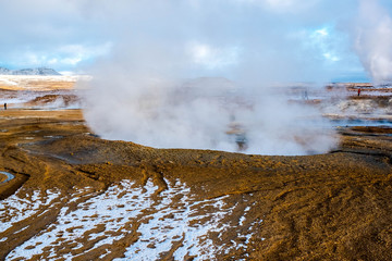 A huge chimney giving off water vapor in Hverir, Iceland