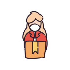 Woman with mask and box flat style icon vector design