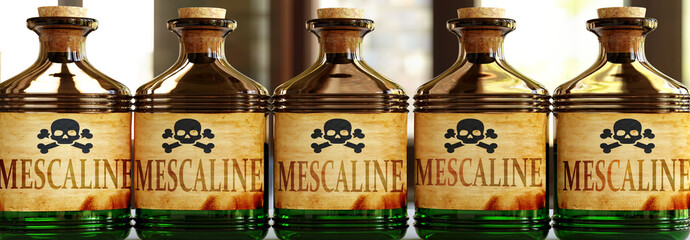 Mescaline can be like a deadly poison - pictured as word Mescaline on toxic bottles to symbolize that Mescaline can be unhealthy for body and mind, 3d illustration - obrazy, fototapety, plakaty