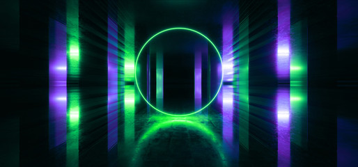 Sci Fi Circle Laser Neon Futuristic Dark Purple Green Blue Glowing Futuristic Dark Night Reflective Concrete Hall Tunnel Corridor Empty Warehouse Alien Spaceship Garage Underground 3D Rendering