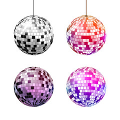 Set of disco balls with light rays isolated on white background. Vector illustration.