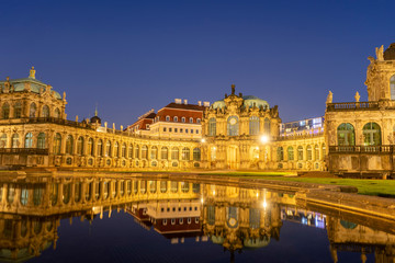 Fototapeta na wymiar Dresden Zwinger at Night, Water Fountain View
