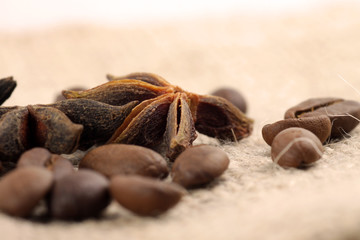 Picture of roasted coffee beans and star anise on rug and wooden table