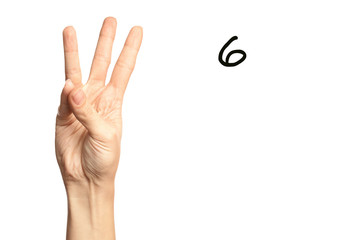 Woman showing number six on white background, closeup. Sign language