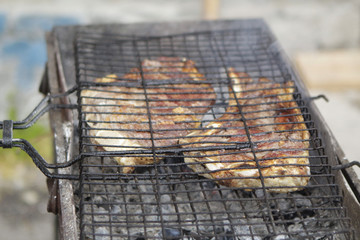 Grilled meat on a barbecue grill.