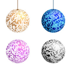 Set of disco balls with light rays isolated on white background. Vector illustration.
