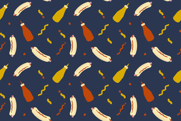 Dark blue seamless pattern with hot-dog and sauce. fast food pattern for a bar or cafe. Hot dogs, ketchup, and mustard.Vector illustration