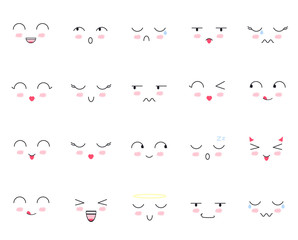 Set of 20 cute faces kawaii emoticons icon vector set. Characters and emoji, lovely icons cartoon design. Funny cartoon faces. Isolated icons on white background. vector illustration.