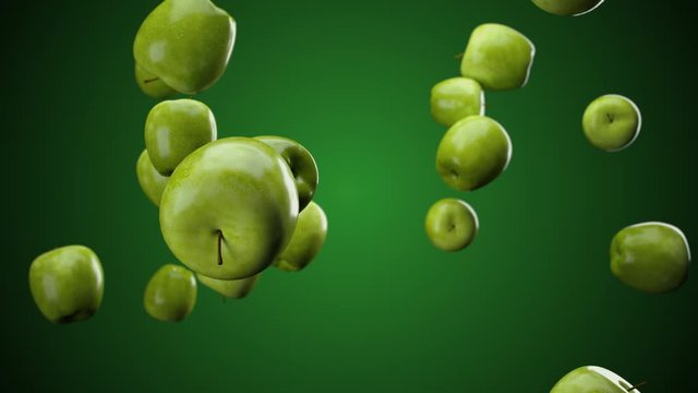 Green apple fruit drop down falling from top. 3D animation. Selective focus. 4K