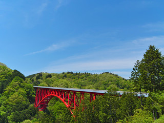 青空と山の中の赤い橋