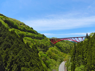 青空と山の中の赤い橋