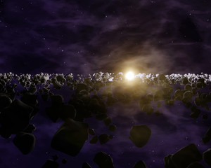 Many asteroids or meteorites in space nebula. Deep space image, science fiction fantasy for wall paper and print or album art. All art elements made by me. 3d illustration