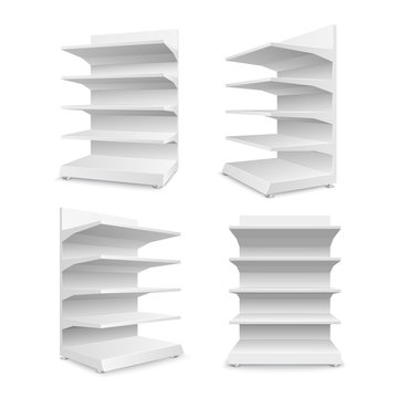 Set of white empty store shelves isolated on a white background. Shelving for retail. Showcase template. Vector illustration