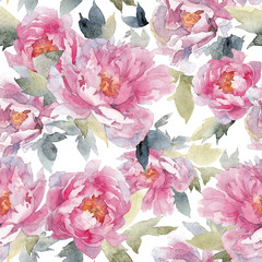 watercolor seamless pattern pink bouquet peonies carved on a white background. Romantic buds with delicate petals and leaves for the girl beloved. female clearance greetings. wedding invitations. 