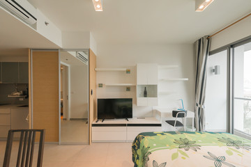 Interior of cozy bedroom in modern desig