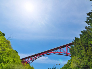 Fototapeta premium 青空と山の中の赤い橋