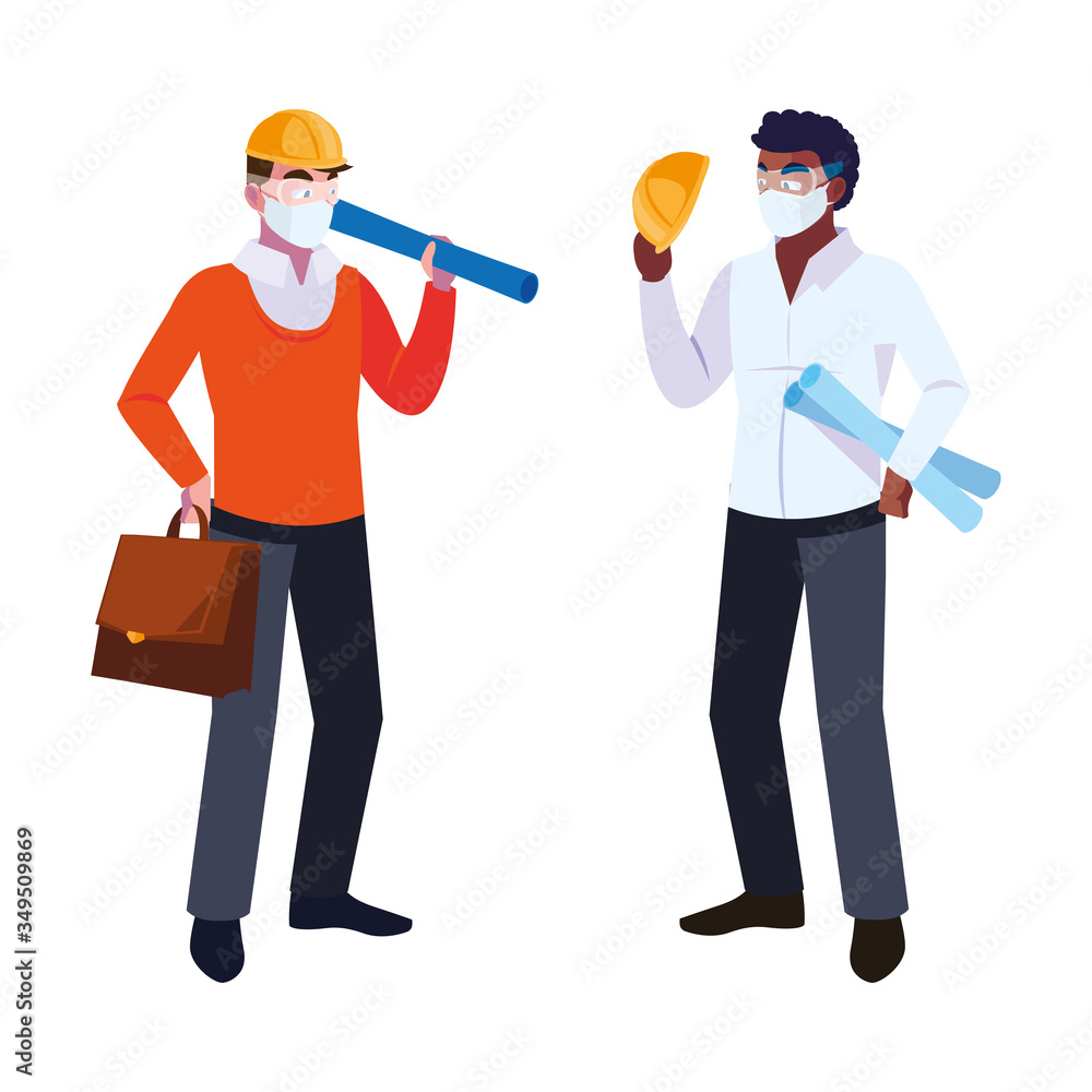 Poster engineer and architect with mask and helmet