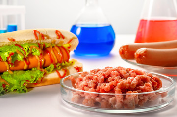 .Synthetic meat production. Checking the product for suitability in the laboratory. Artificial meat is the food of the future. Test tube meat.