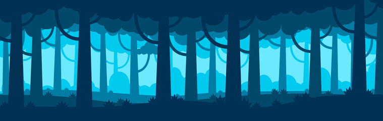 Vector illustration of a blue silhouette forest panoramic view, background with trees flat design.