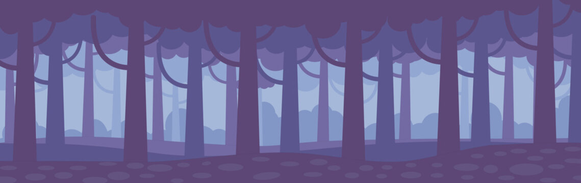 Vector illustration of violet silhouette inside misty forest panoramic views, flat design