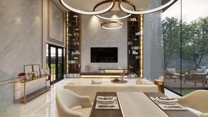 3d rendering. Interior house modern open living space with kitchen.Luxury modern style Duplex apartment residence.Home decoration luxury  interior design.