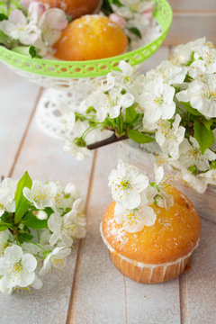 Golden muffin cupcakes, vertical image, spring flowers on shabby table