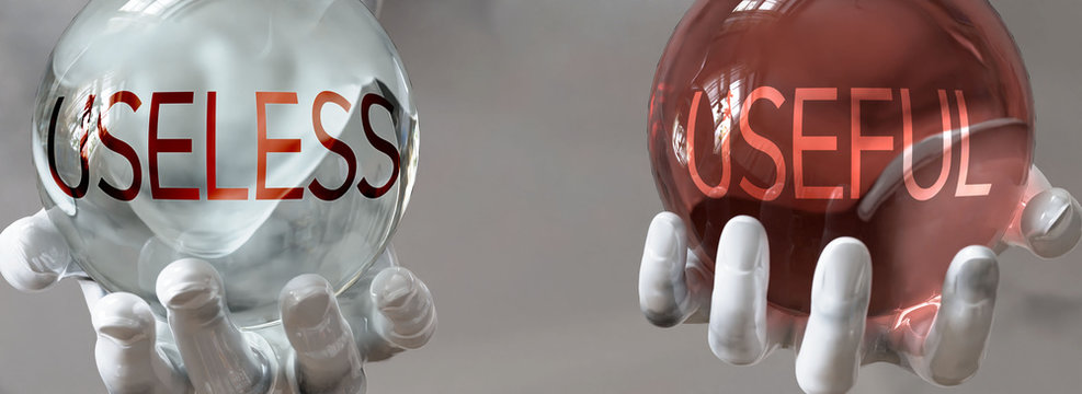 useful and useless in a balanced life - pictured as words useful,useless in hands to show that useless and useful should stay in balance, 3d illustration