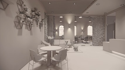 Interior Empty Modern Loft Office open space modern office footage.Modern open concept Lobby and reception area meeting room design. 3dRendering .