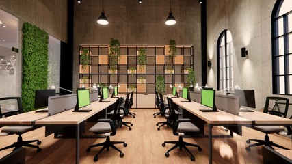Naklejka premium Interior Empty Modern Loft Office open space modern office footage.Modern open concept Lobby and reception area meeting room design. 3dRendering .