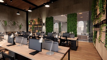 Interior Empty Modern Loft Office open space modern office footage.Modern open concept Lobby and reception area meeting room design. 3dRendering .