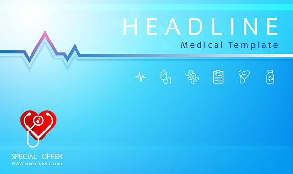 Healthcare and Medicine Vector Banner Template with Line Icons. Header, Website.Template design with concept and idea for healthcare technology, health, science and research.