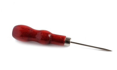 old awl with a wooden handle on a white background