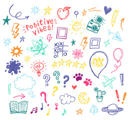 Happy positive Kids doodles, funny hand drawn set, education, kindergarden, adventure, birthday, holidays, social media, blogging illustrations - 349512009