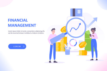 Obraz na płótnie Canvas Financial management or financial research concept. Young people standing near huge smartphone, charts and diagrams on screen. Money, credit card and pile of coins on background, vector illustration