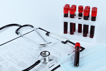 concept of medical examination for viruses in the body, vacuum tubes for blood sampling, copy space
