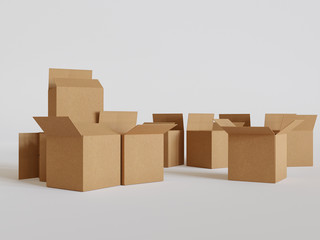 Setof Cardboards moving boxes in a studio with white background and copyspace minimalist concept